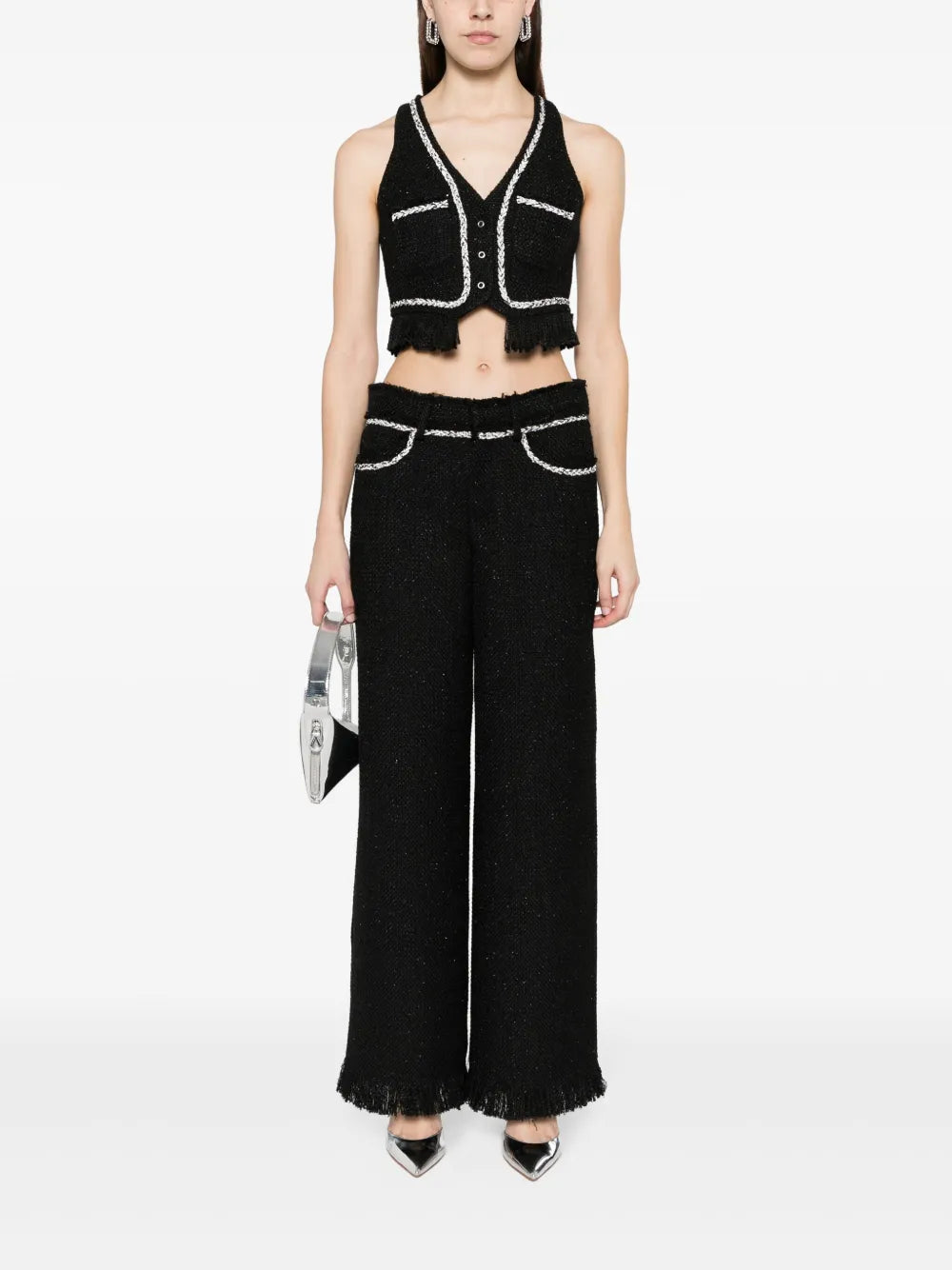 Rhinestone-Embellished Bouclé Trousers