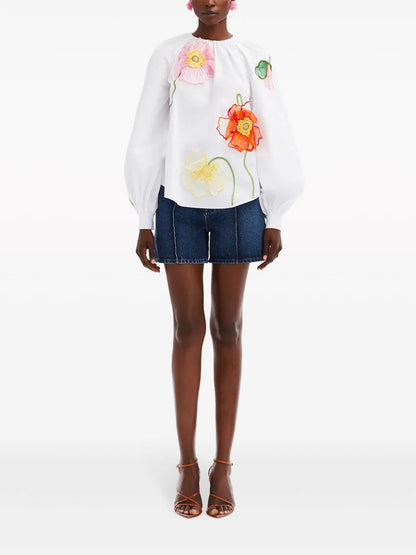 Flower-Detail Round-Neck Blouse