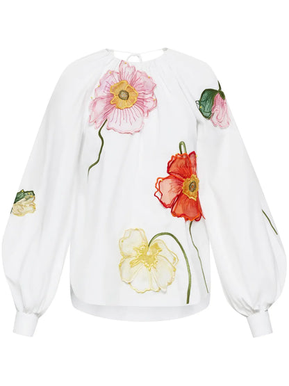 Flower-Detail Round-Neck Blouse