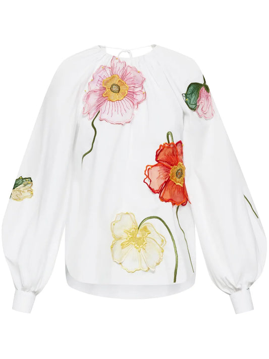 Flower-Detail Round-Neck Blouse