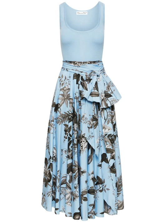 Flora & Fauna-Print Sleeveless Midi Dress