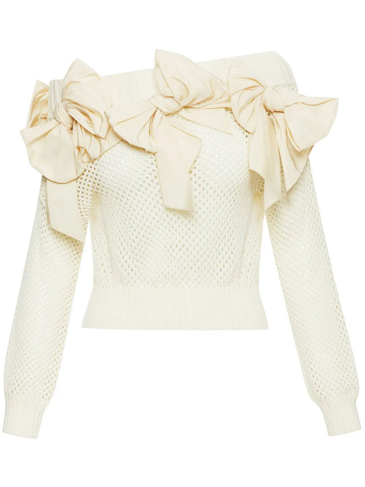 Bow-Embellished Pointelle-Knit Jumper