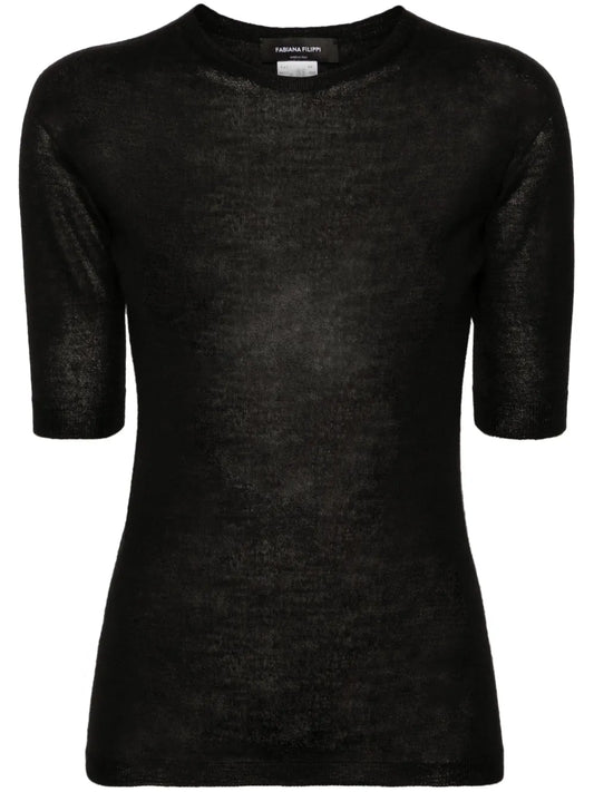 Short-Sleeve Fine-Knit Sweater