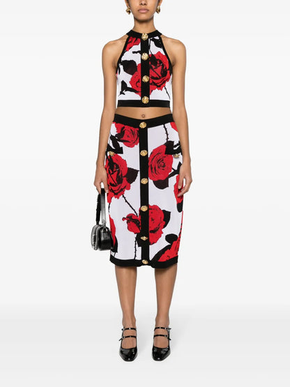 Floral-Jacquard Midi Skirt
