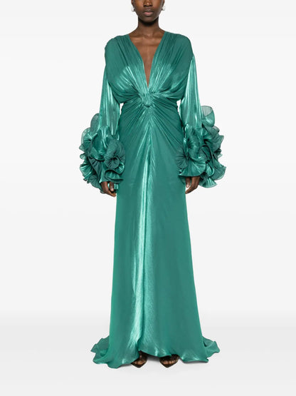 Floral-Appliqué Lurex Maxi Dress