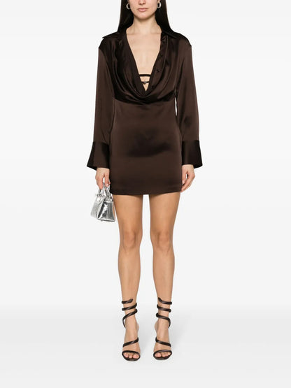 Cowl-Collar Satin Shirt Minidress