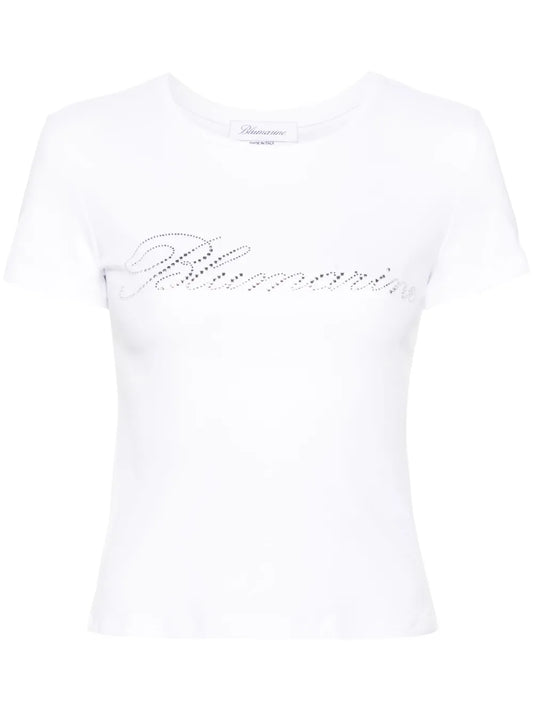 Rhinestoned-Logo Cotton T-Shirt