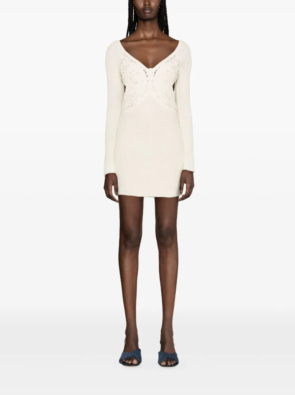 Butterfly-Embroidered Ribbed Midi Dress