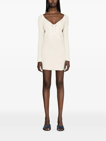Butterfly-Embroidered Ribbed Midi Dress