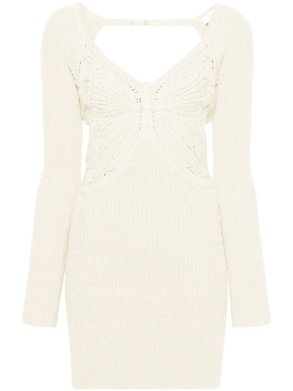 Butterfly-Embroidered Ribbed Midi Dress