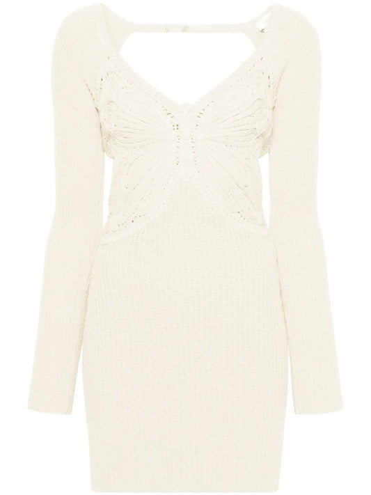 Butterfly-Embroidered Ribbed Midi Dress