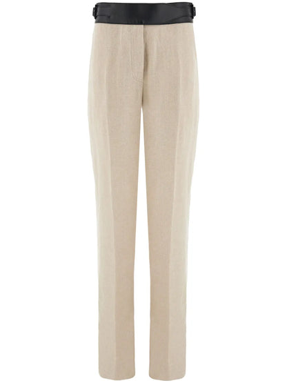 Contrast-Belt Tailored Linen Trousers