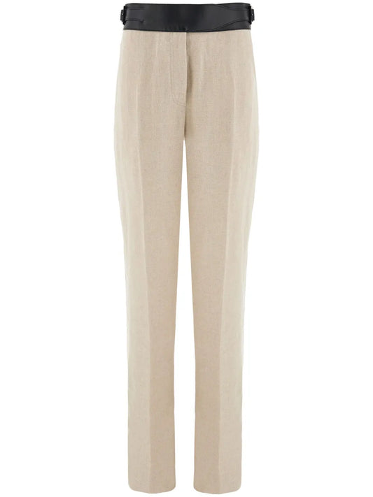 Contrast-Belt Tailored Linen Trousers