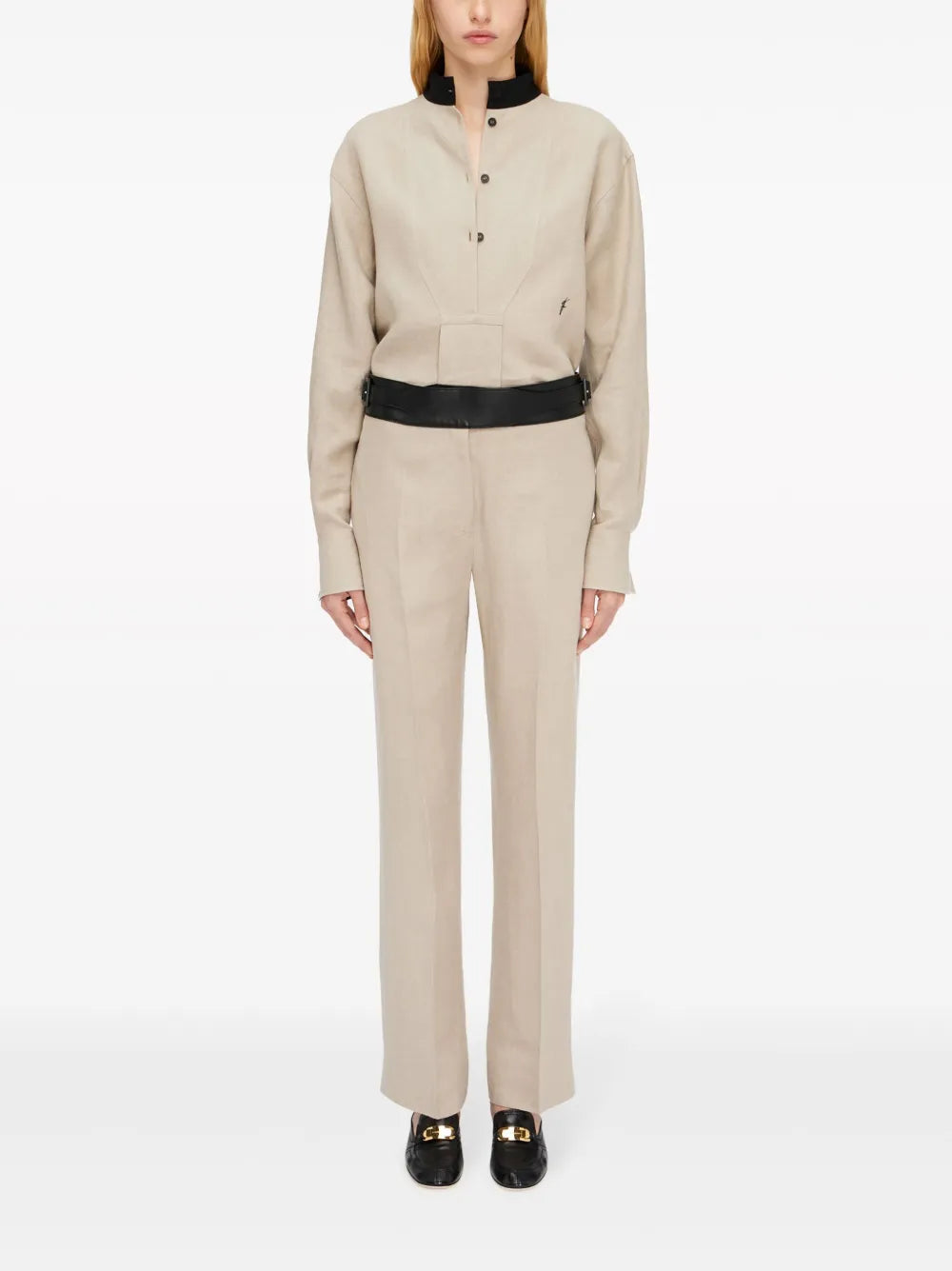 Contrast-Belt Tailored Linen Trousers