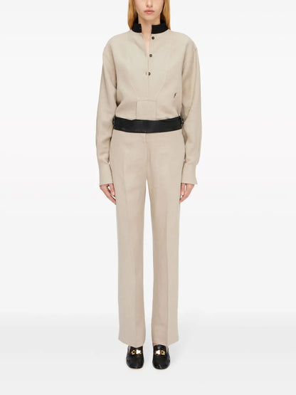 Contrast-Belt Tailored Linen Trousers