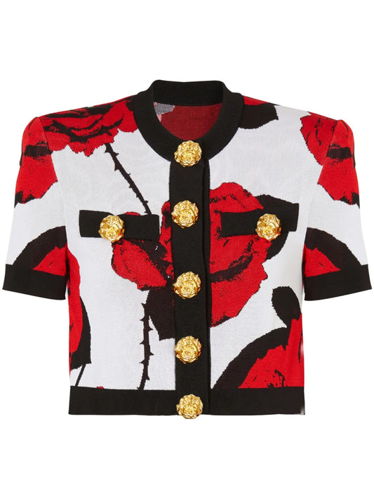 Floral-Jacquard Cropped Cardigan