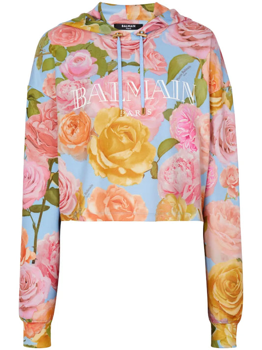 Floral-Print Cropped Hoodie