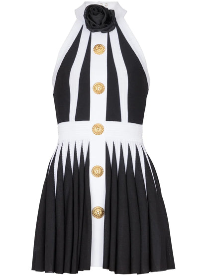 Floral-Appliqué Pleated Knit Minidress