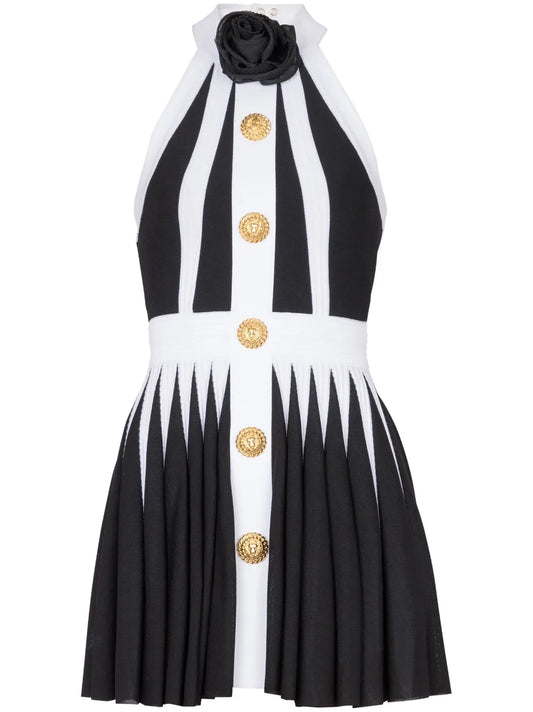 Floral-Appliqué Pleated Knit Minidress