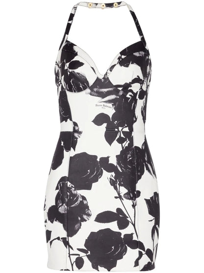 Floral-Print Leather Minidress