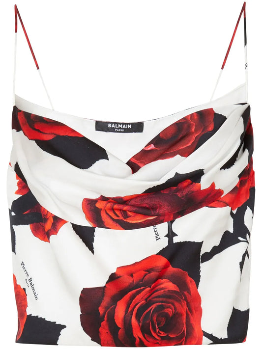 Roses-Print Draped Satin Top
