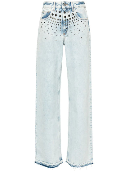 Mid-Rise Studded Wide-Leg Jeans