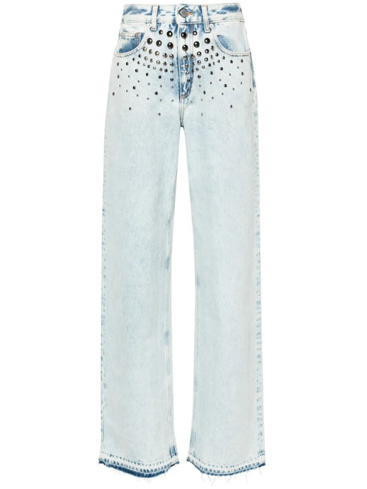 Mid-Rise Studded Wide-Leg Jeans