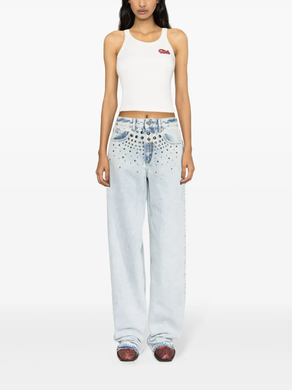 Mid-Rise Studded Wide-Leg Jeans