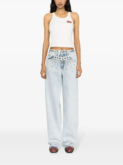 Mid-Rise Studded Wide-Leg Jeans