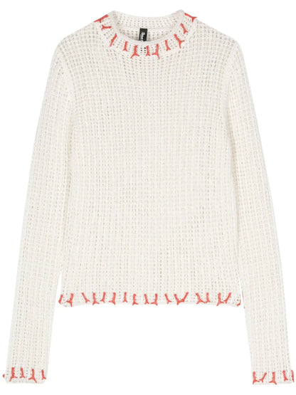 Contrasting-Charms Open-Knit Jumper