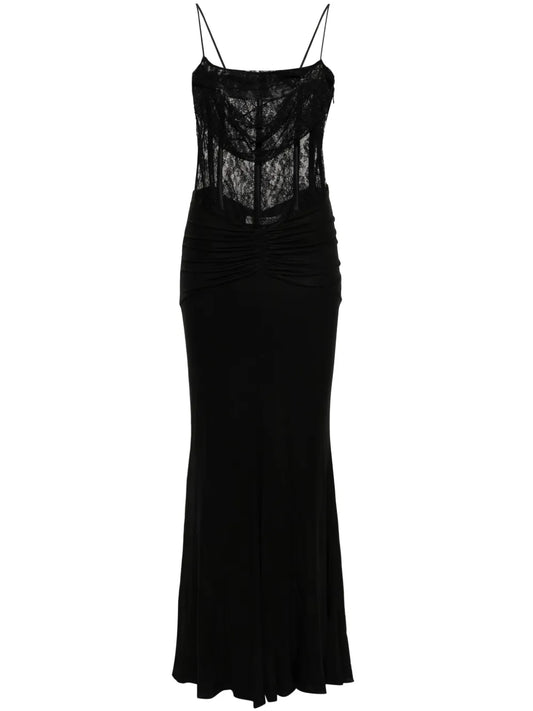 Draped Lace-Panel Maxi Dress