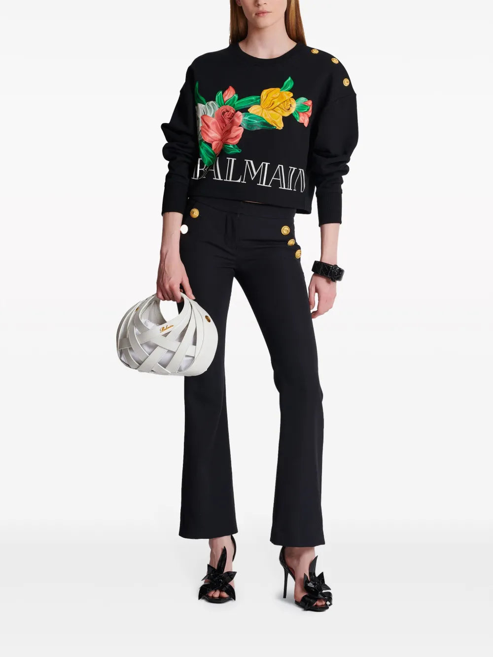 Rose-Print Cropped Cotton Sweatshirt