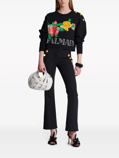 Rose-Print Cropped Cotton Sweatshirt