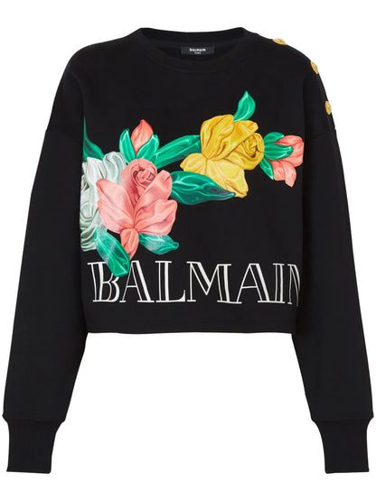 Rose-Print Cropped Cotton Sweatshirt
