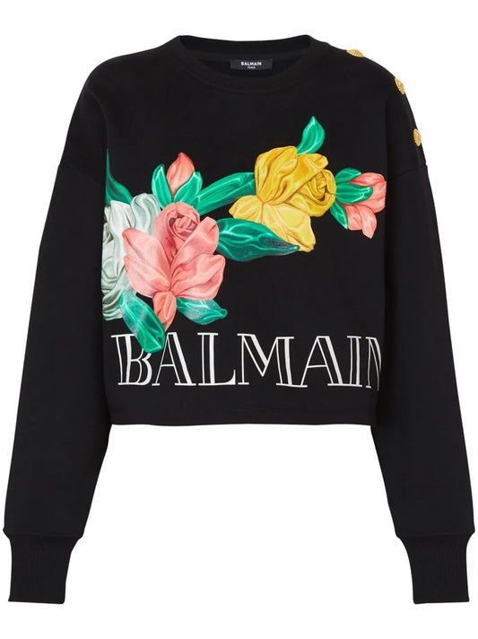 Rose-Print Cropped Cotton Sweatshirt