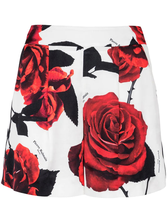 Rose-Print Satin Shorts