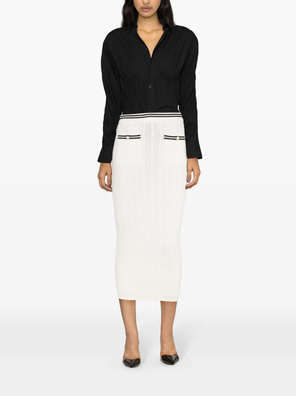 Cable-Knit Stripe-Trim Midi Skirt