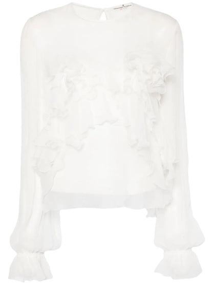 Floral-Appliqué Silk Blouse