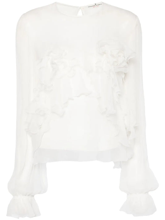 Floral-Appliqué Silk Blouse