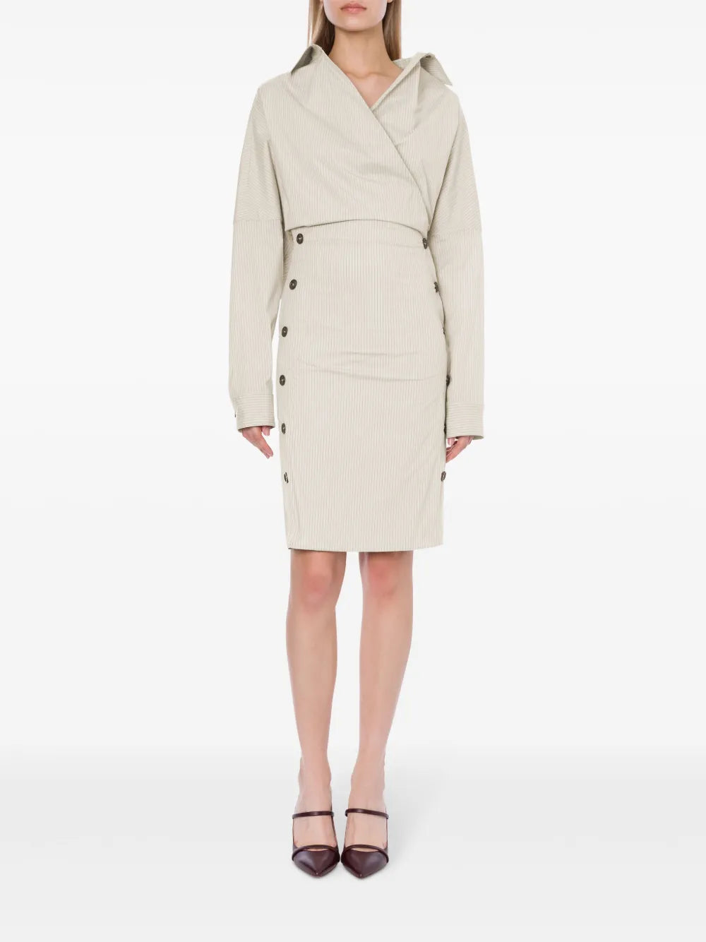 Pinstripe-Pattern Wrapped Dress