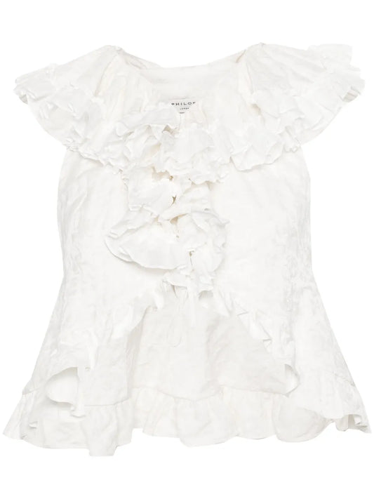 Floral-Jacquard Ruffled Blouse