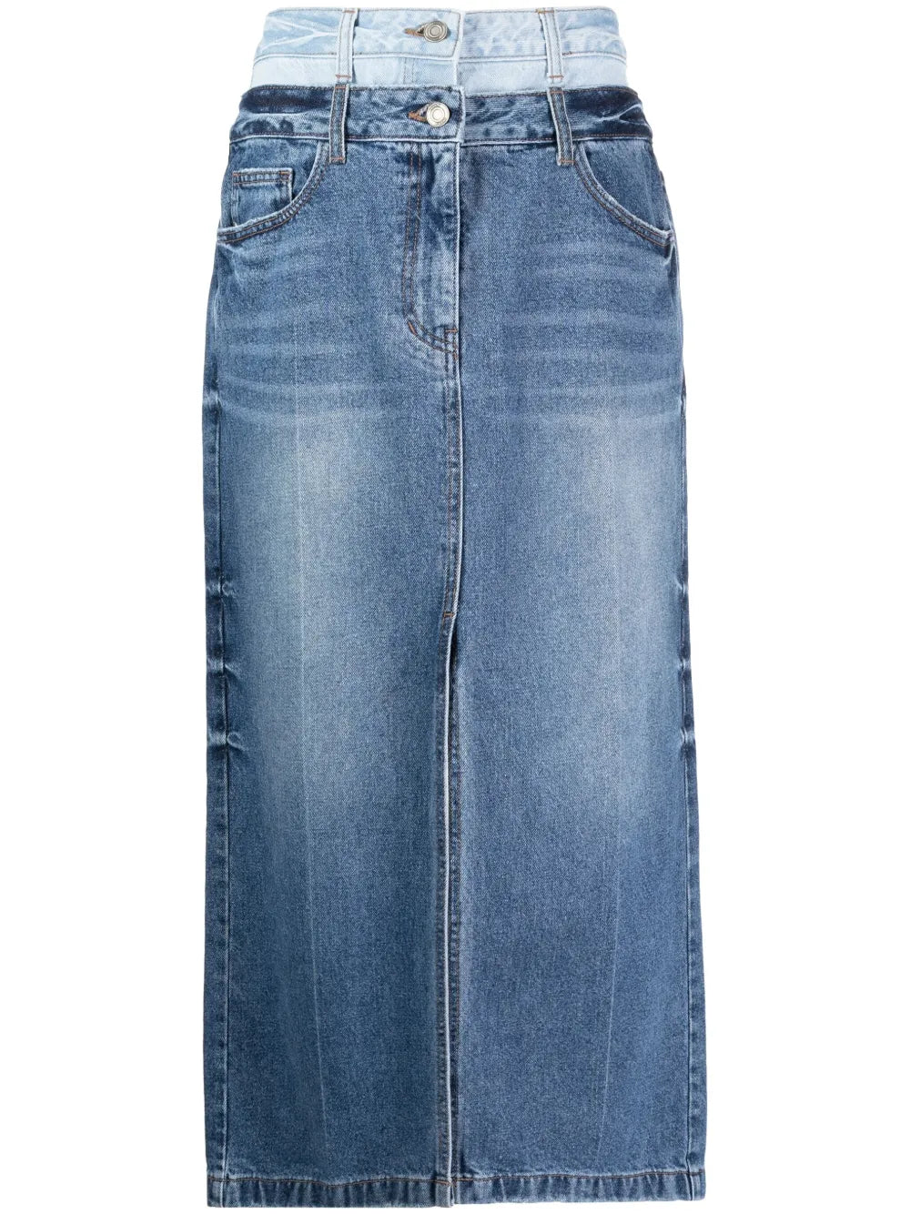 Double-Waistband Denim Maxi Skirt