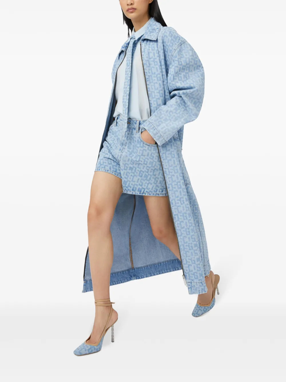Logo-Jacquard Denim Coat