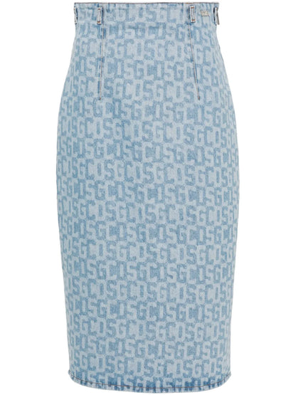 Monogram-Pattern Denim Pencil Skirt