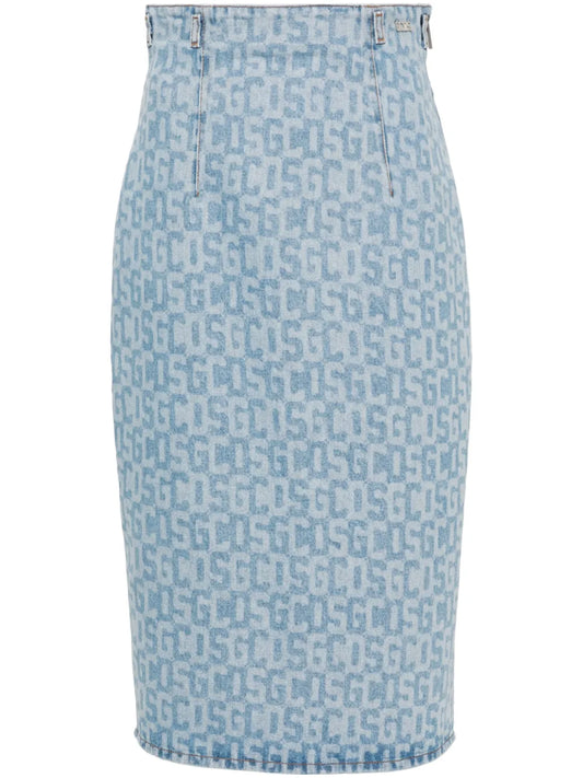 Monogram-Pattern Denim Pencil Skirt