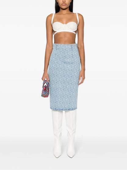 Monogram-Pattern Denim Pencil Skirt