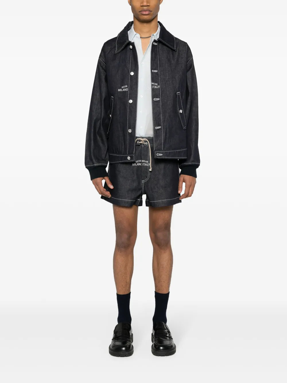 Embroidered-Logo Denim Bomber Jacket