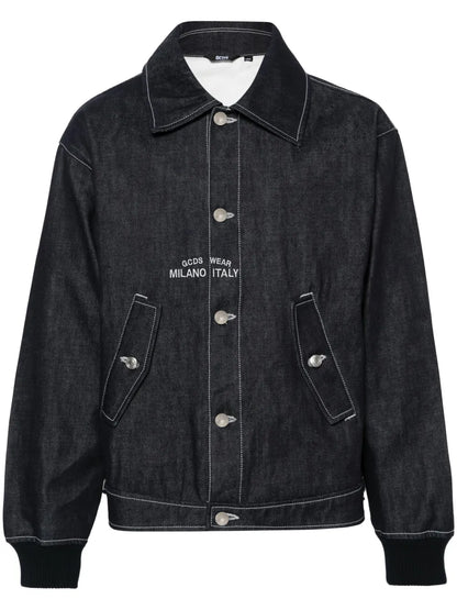 Embroidered-Logo Denim Bomber Jacket