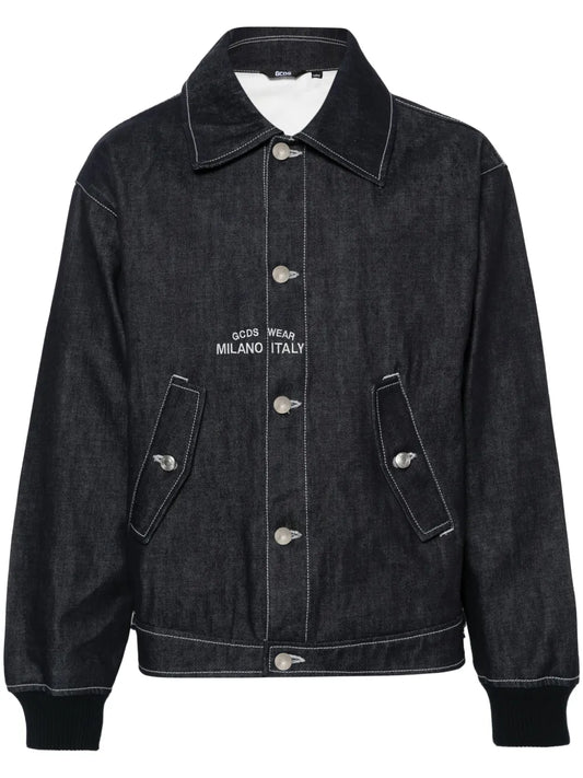 Embroidered-Logo Denim Bomber Jacket