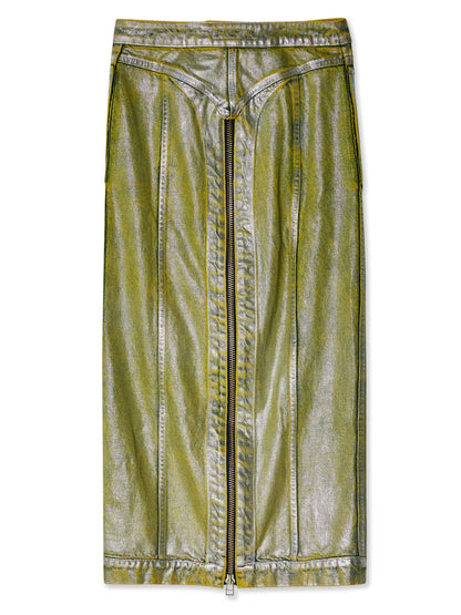 Zip-Up Metallic Denim Skirt
